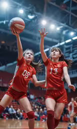 two girls playing with a basketball during a game