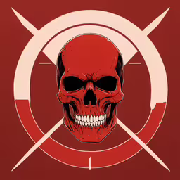 a red and black skull in the center of an artistic circle,a red skull in front of a red target with two swords