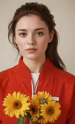 the woman in red is holding two sunflowers