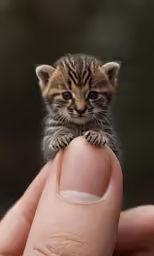 the tiny kitten is sitting on top of the thumb