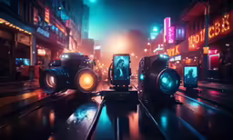speakers sitting on top of a rail in the middle of the street