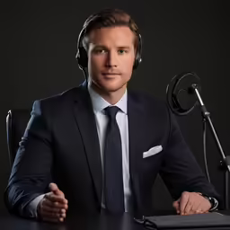 a man sitting at a table with a microphone and headphones