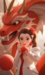 woman wearing red and white dress next to dragon with red balloon