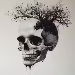 a skull is covered in plants and trees