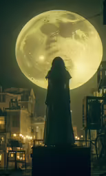 a silhouetted lady in black with a large moon above her
