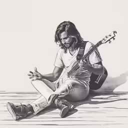 the artist is playing with his guitar on a wooden floor