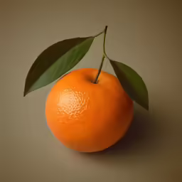 an orange with green leaf on a grey background