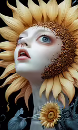 a woman with a large yellow flower on her head