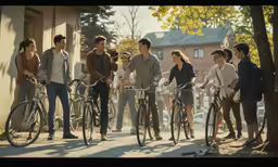 a group of people are waiting on bikes