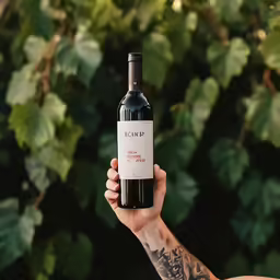 a man holding a bottle of red wine