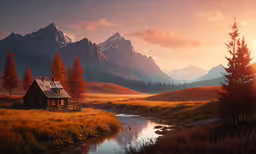 there is a little wooden house in the mountains,an oil painting of a beautiful view of mountains