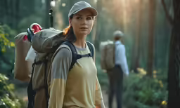 a man and woman hiking in the forest