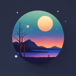 a clock has been decorated with the silhouette of two people in a forest,a circular painting with a lake and mountain scene in the background
