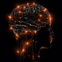 there is a photo made with lights and gears and a human head