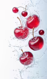 cherries falling in water on white background