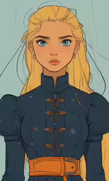 a woman in blue and yellow is looking straight ahead