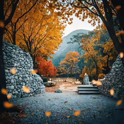 a scenic scene featuring trees, rocks and steps