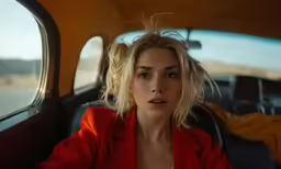 a young woman in a red jacket is looking out the back of a car