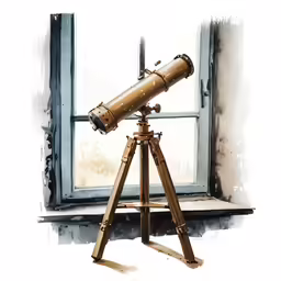 a telescope sitting next to an open window