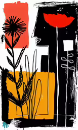 an abstract painting of an orange black and white background