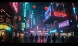 people walking through an urban city at night