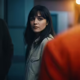 a woman standing in a doorway wearing a green jacket