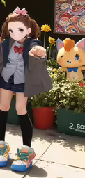 a girl in schoolgirl outfit standing next to two stuffed animals