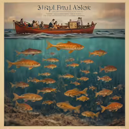 people are floating in a boat among a lot of fish,a big poster with some fish floating in it