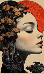 a poster with flowers, an ornate head and red hair