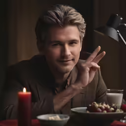 a man is making the vulcan signal at dinner table