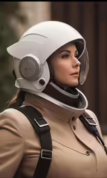 woman wearing white helmet, with earbuds and looking off in distance
