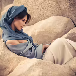 woman sitting on rocks in very blue robe