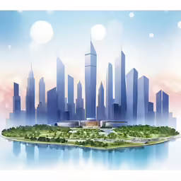 illustration of an urban city on an island with skyscrapers in background