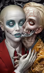 two white headed people in costumes with skeleton makeup