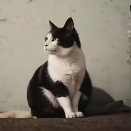 a black and white cat is looking off to the side
