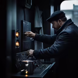 a man wearing a hat standing in front of a control panel