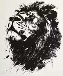 the lion is drawn with ink in black,the black lion face on white paper