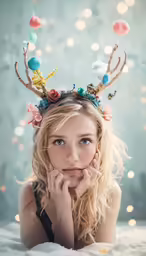 a woman laying on top of a white blanket wearing a reindeer head wreath