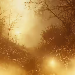 a grassy area with sunlight and fog in the sky