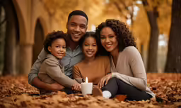 an african american family sitting in the fall leaves with a candle