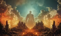 a man in front of a glowing sky and clouds