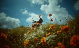 two people standing in a field of flowers