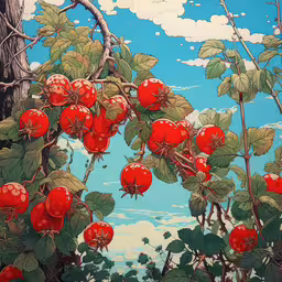 a drawing of tomatoes hanging from trees next to blue sky,apple tree with many red apples and leaves