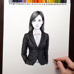 a hand holding a pencil drawing of a girl in a suit