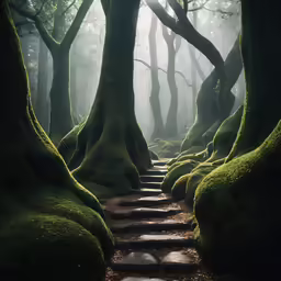 there is a long path with steps running through the woods