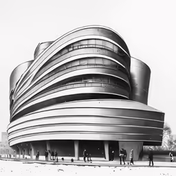 people standing outside a large building that is constructed into the shape of a circle