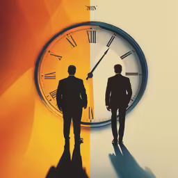 two people walking towards an image of a clock and a word about time