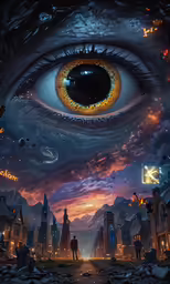 a digital painting of an eye and people walking under the eye
