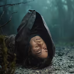 a person in black with their head up inside of a bag