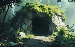 a small cave with trees in the background